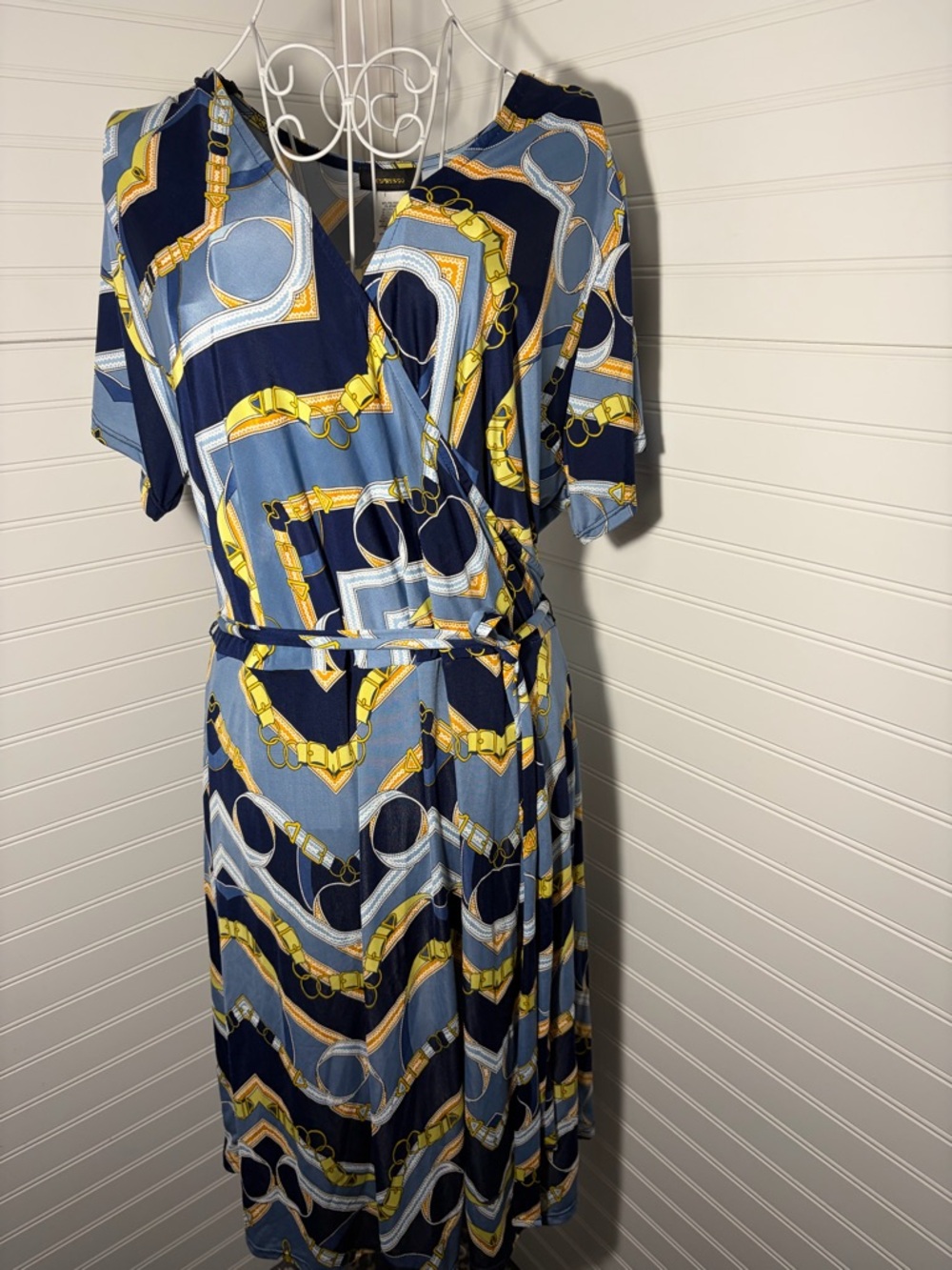Espresso Navy, Light Blue & Yellow Chain-Print Midi Wrap Dress
